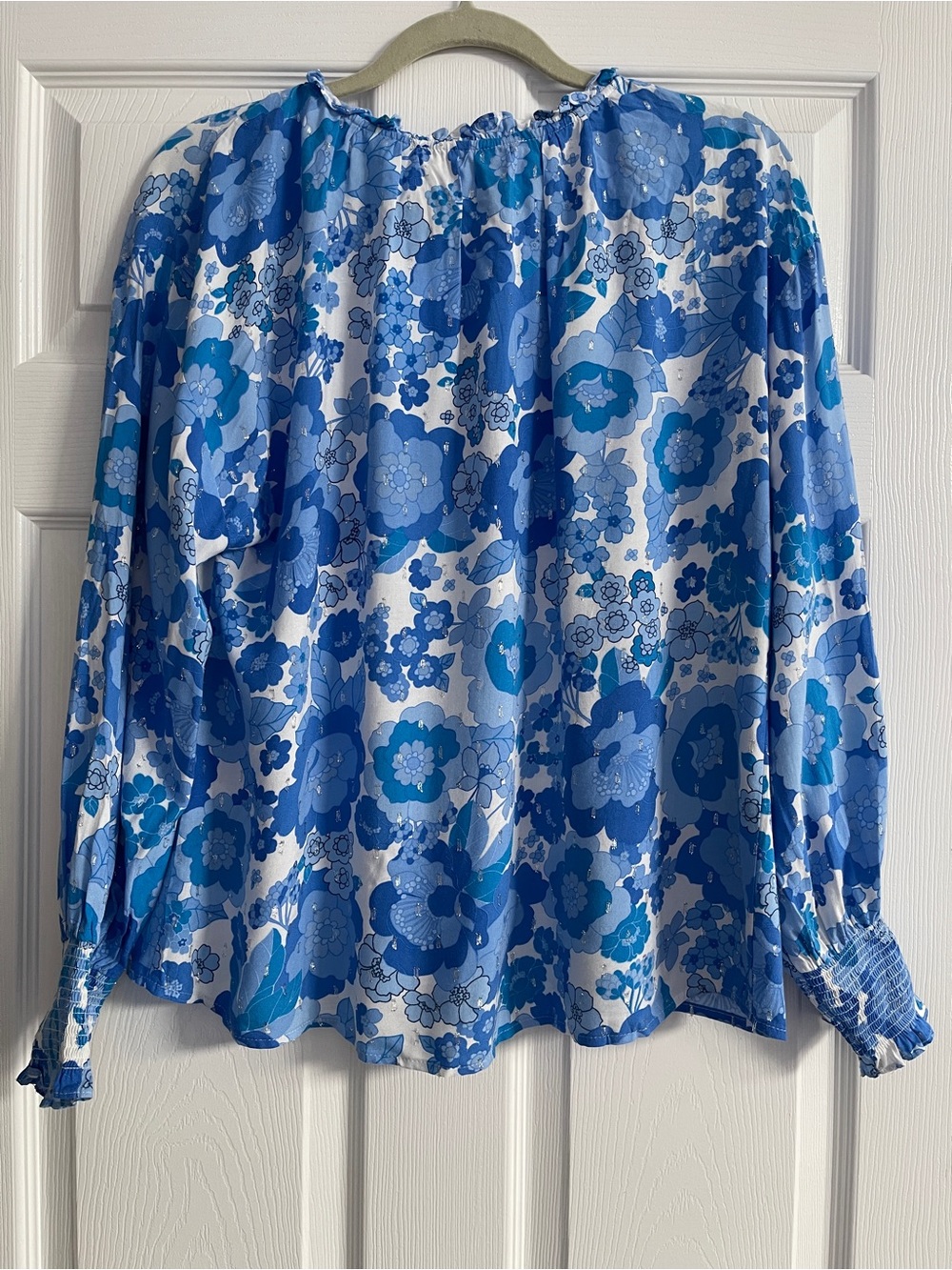 Sugarlips Blue Floral Tie-Neck Peasant Blouse - Picture 3 of 3